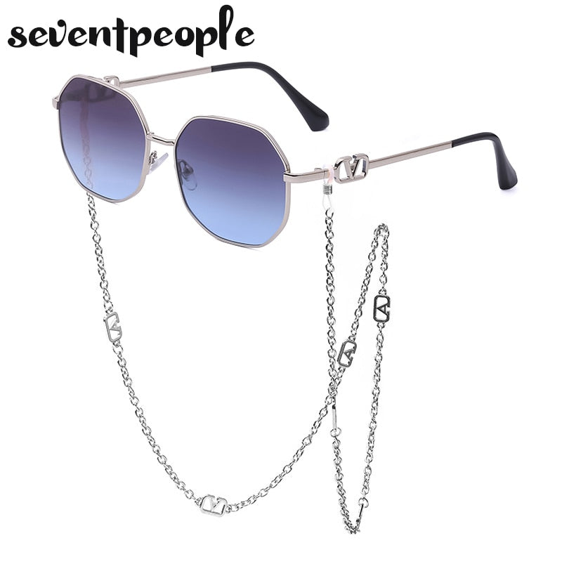 Fashion Metal Irregular Sunglasses With Chain Women Luxury Brand Channel Trendy Square Sun Glasses For Female Chic Eyewear