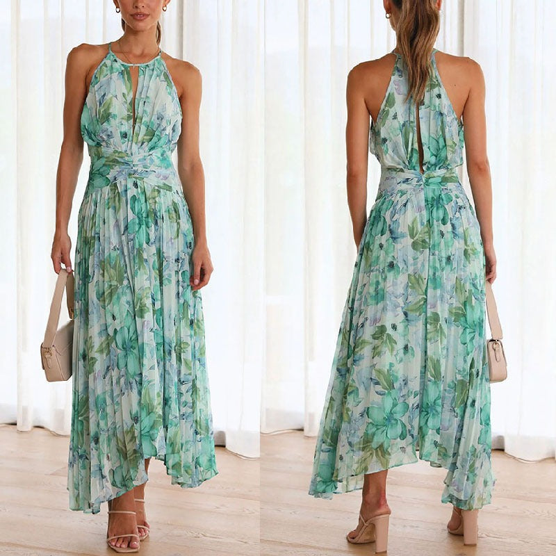 Women's sleeveless V-neck large hem long dress dress