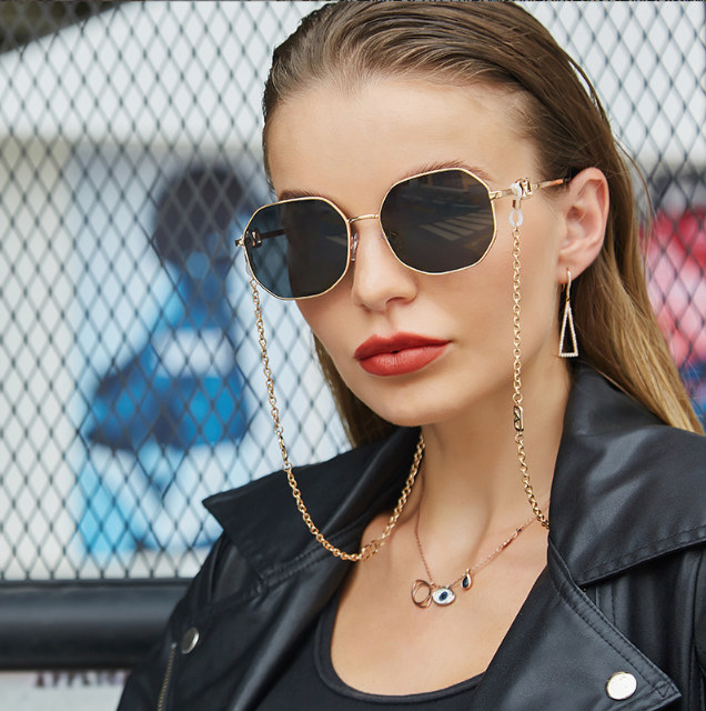 Fashion Metal Irregular Sunglasses With Chain Women Luxury Brand Channel Trendy Square Sun Glasses For Female Chic Eyewear