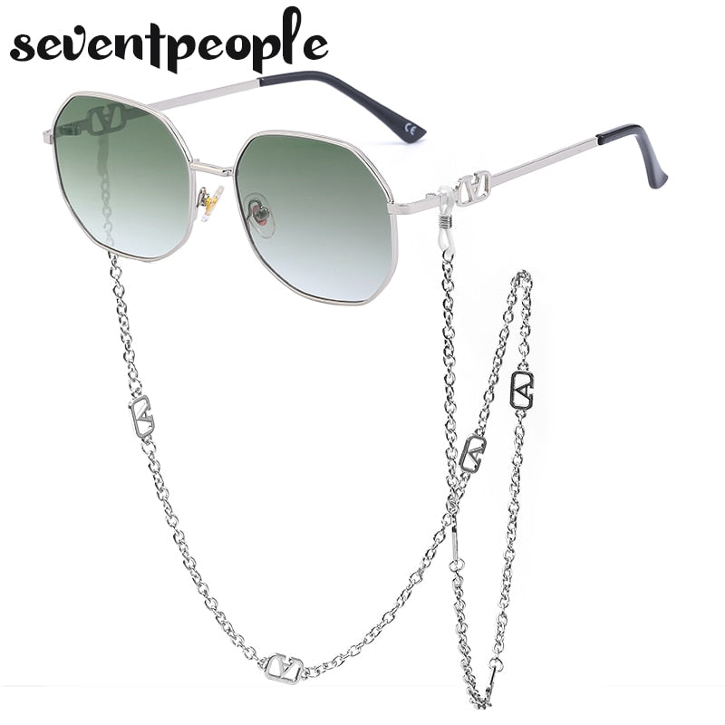 Fashion Metal Irregular Sunglasses With Chain Women Luxury Brand Channel Trendy Square Sun Glasses For Female Chic Eyewear