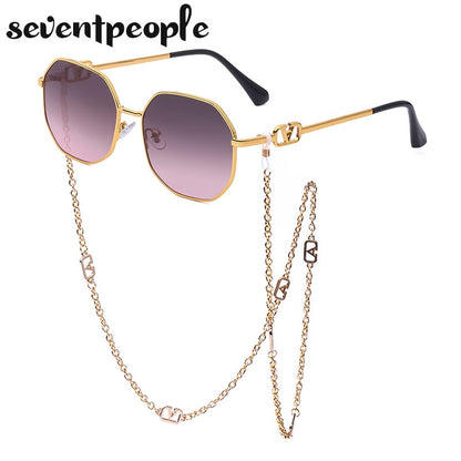 Fashion Metal Irregular Sunglasses With Chain Women Luxury Brand Channel Trendy Square Sun Glasses For Female Chic Eyewear