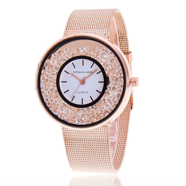 Women Rose Quartz Rhinestone Watch