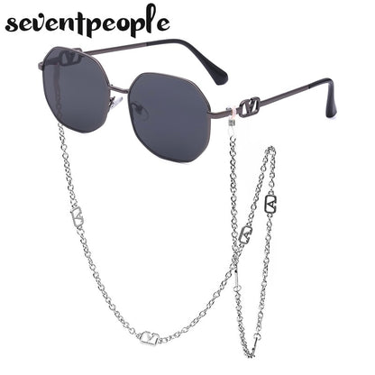 Fashion Metal Irregular Sunglasses With Chain Women Luxury Brand Channel Trendy Square Sun Glasses For Female Chic Eyewear