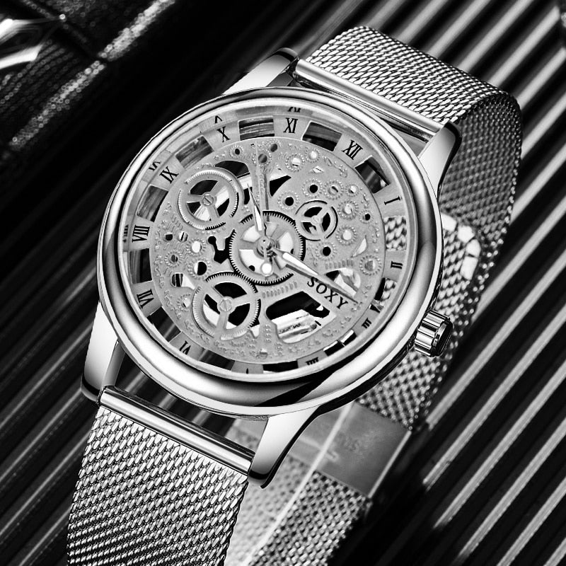 SOXY Luxury Skeleton Men Watch Women Wrist Watches Fashion Montre Homme Gold Wrist Watch Men Steel Mesh Men's Watch