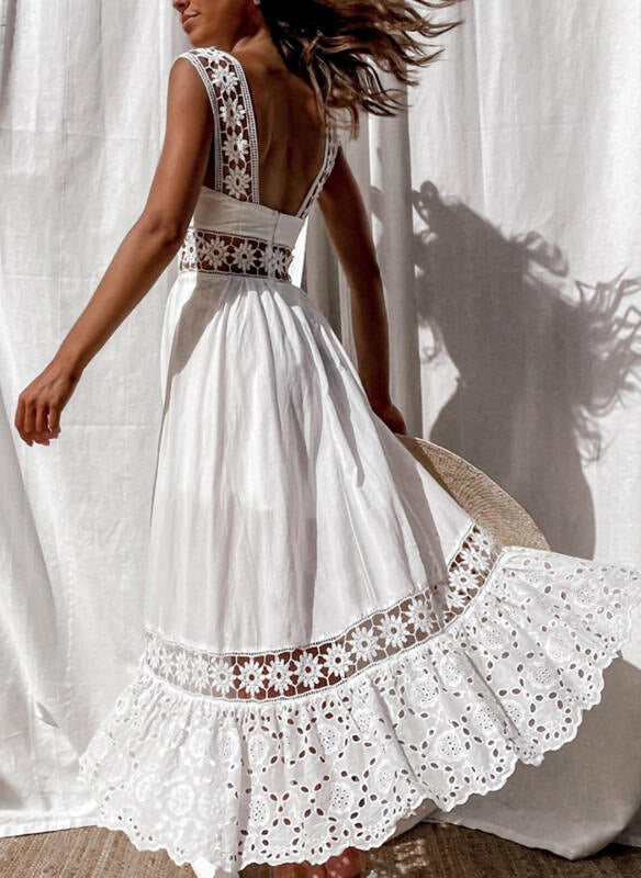 Fashionable lace sleeveless patchwork large hem long dress