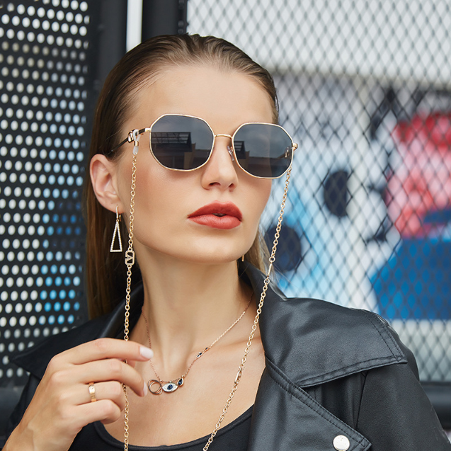 Fashion Metal Irregular Sunglasses With Chain Women Luxury Brand Channel Trendy Square Sun Glasses For Female Chic Eyewear