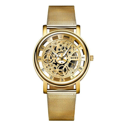 SOXY Luxury Skeleton Men Watch Women Wrist Watches Fashion Montre Homme Gold Wrist Watch Men Steel Mesh Men's Watch