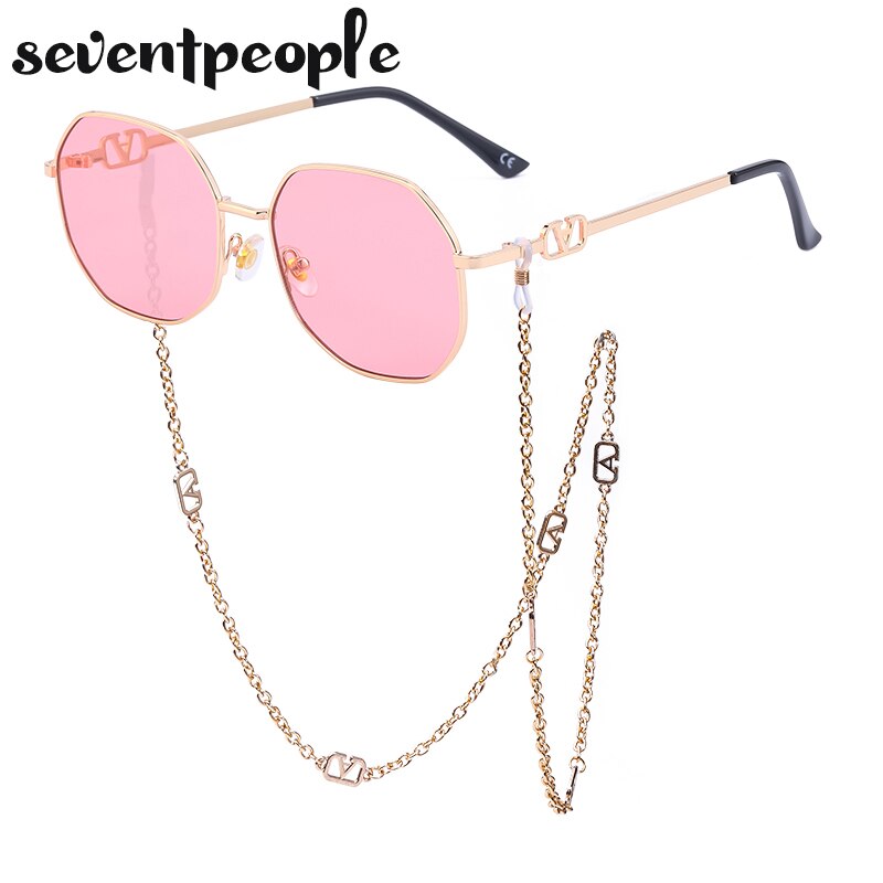 Fashion Metal Irregular Sunglasses With Chain Women Luxury Brand Channel Trendy Square Sun Glasses For Female Chic Eyewear