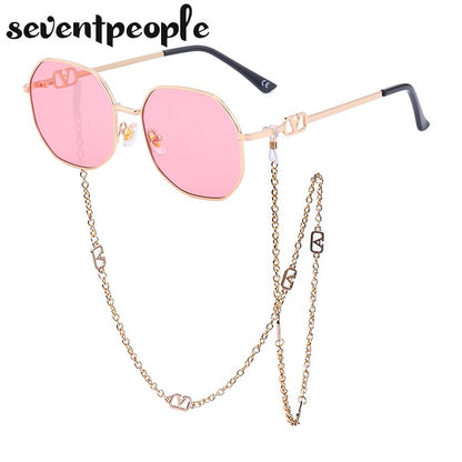 Fashion Metal Irregular Sunglasses With Chain Women Luxury Brand Channel Trendy Square Sun Glasses For Female Chic Eyewear