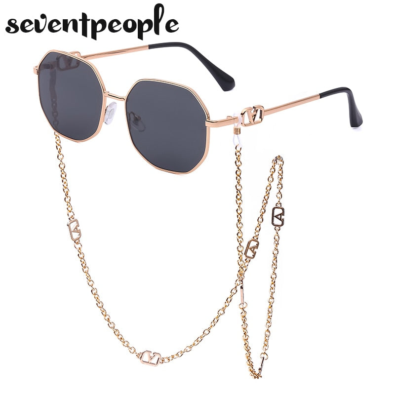 Fashion Metal Irregular Sunglasses With Chain Women Luxury Brand Channel Trendy Square Sun Glasses For Female Chic Eyewear