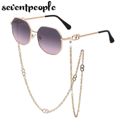 Fashion Metal Irregular Sunglasses With Chain Women Luxury Brand Channel Trendy Square Sun Glasses For Female Chic Eyewear