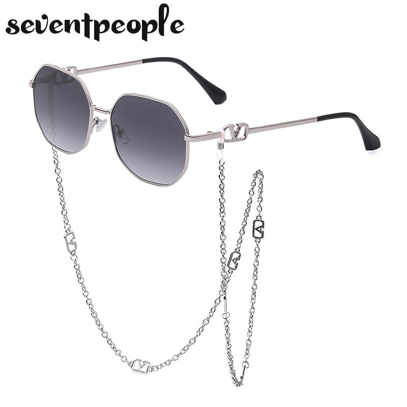 Fashion Metal Irregular Sunglasses With Chain Women Luxury Brand Channel Trendy Square Sun Glasses For Female Chic Eyewear