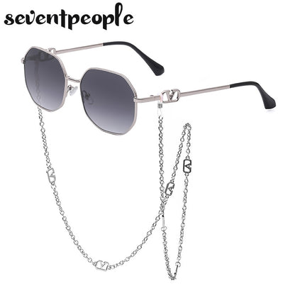 Fashion Metal Irregular Sunglasses With Chain Women Luxury Brand Channel Trendy Square Sun Glasses For Female Chic Eyewear